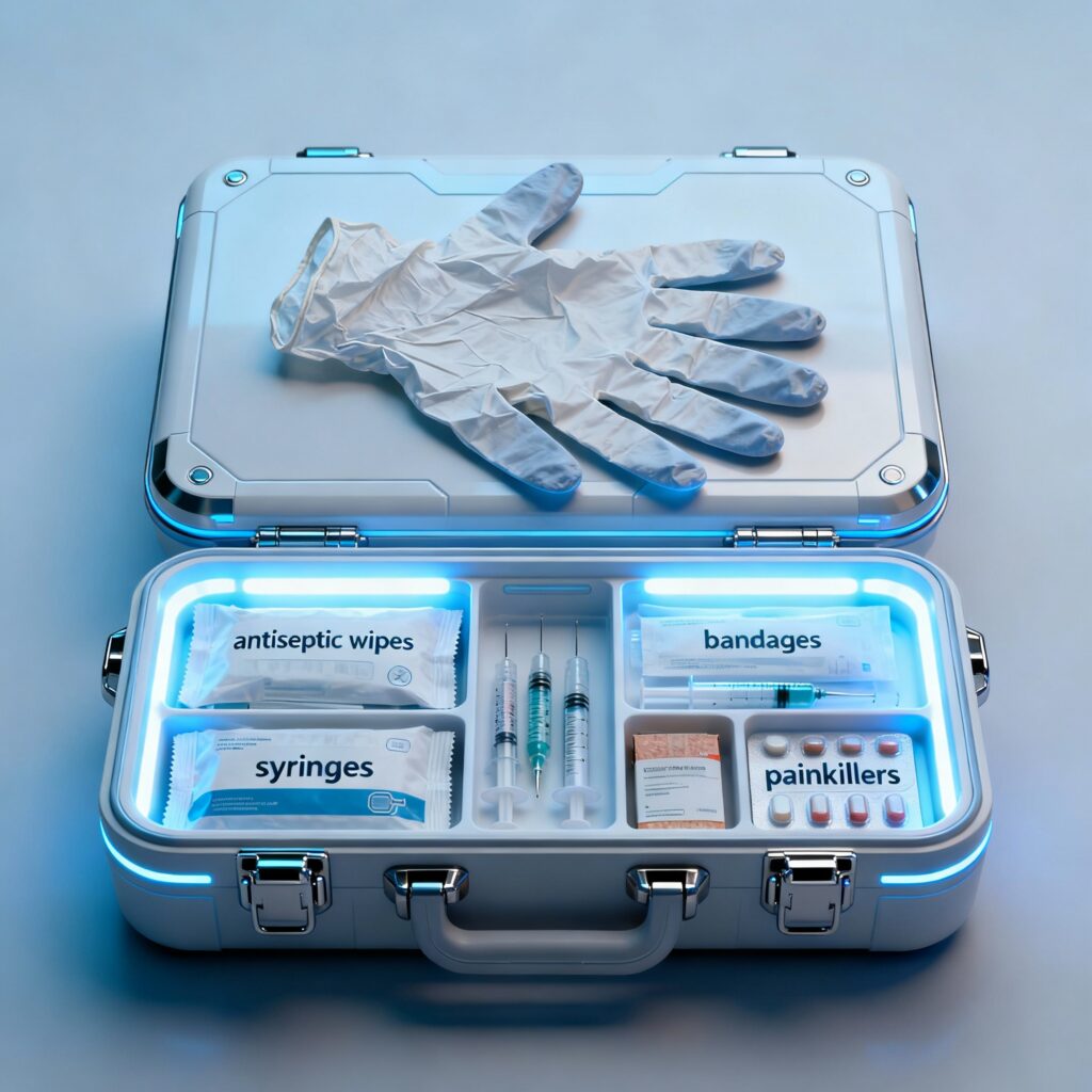 A first aid kid for your stockpile of medicines only to be used in disasters. Featuring gloves with too many fingers in true Circuspam style.