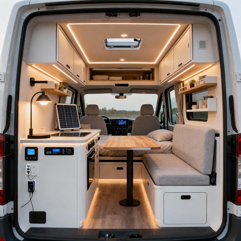 The back view of a well kitted out tidy camper van, with a solar panel and nice mood lighting.