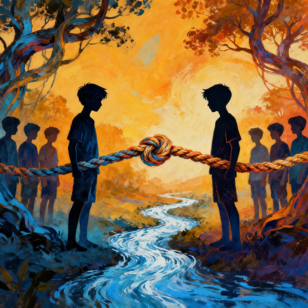 Two teams of boys, with two boys in the foreground with clentched fists. A tug of war rope is strung between them with a knot in the middle.
