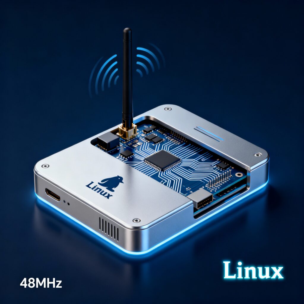 A small computer with an antenna with the words linux and 48mhz, the minimum speed needed to run linux.