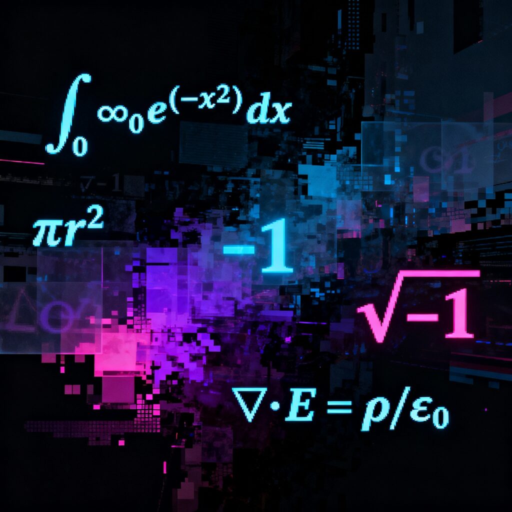 Abstract and pixelated equations on a dark background.