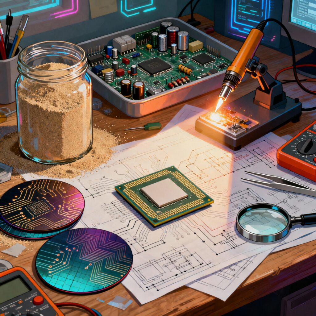 A jar of sand and a processor on an electronics workbench.