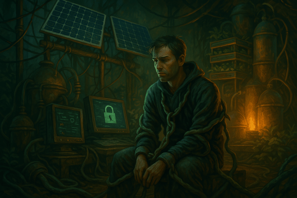 An Ethical Hacker using renewables with a green access symbol on his screen looking downtrodden because of the online safety act.