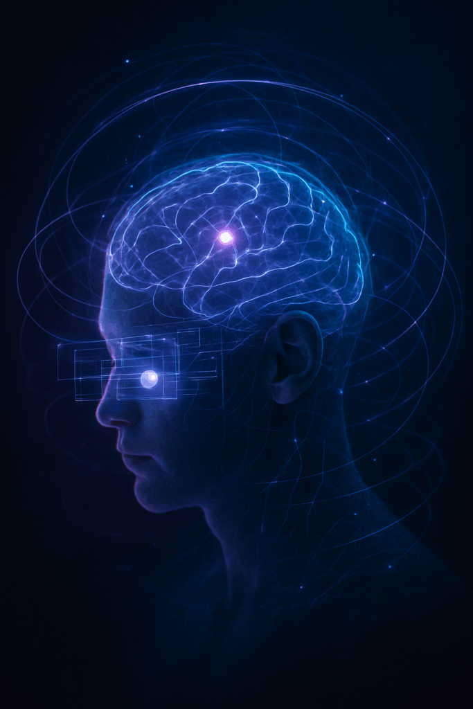 A brain with a focused spot in the visual cortex, symbolising the use of Transcrainial Magnetic Stimulation for causing visions.