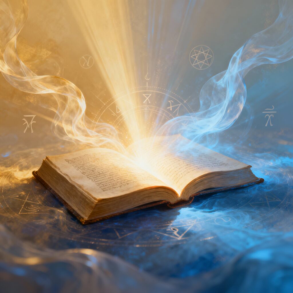A book with englightened thoughts streaming out in yellow and blue. With symbols and glyphs lighly overlayed.