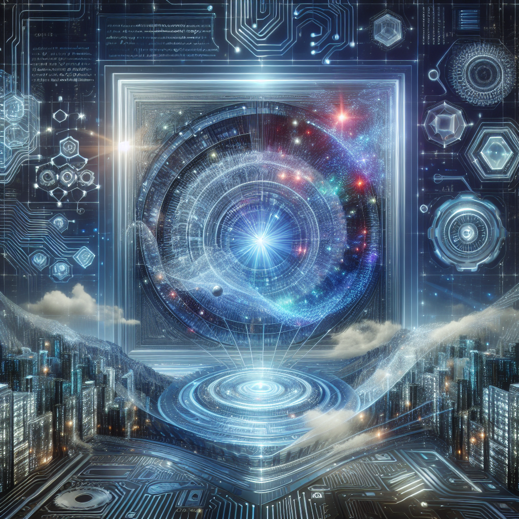 A computer made of a picure frame and a swirling wormhole, with lights and ai code flying everywhere. This is symbolising a dynamically generated AI OS.