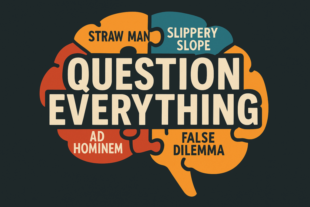 AI-generated visual showing interconnected logical fallacy types as puzzle pieces forming a brain, with "Question Everything" in bold overlays.