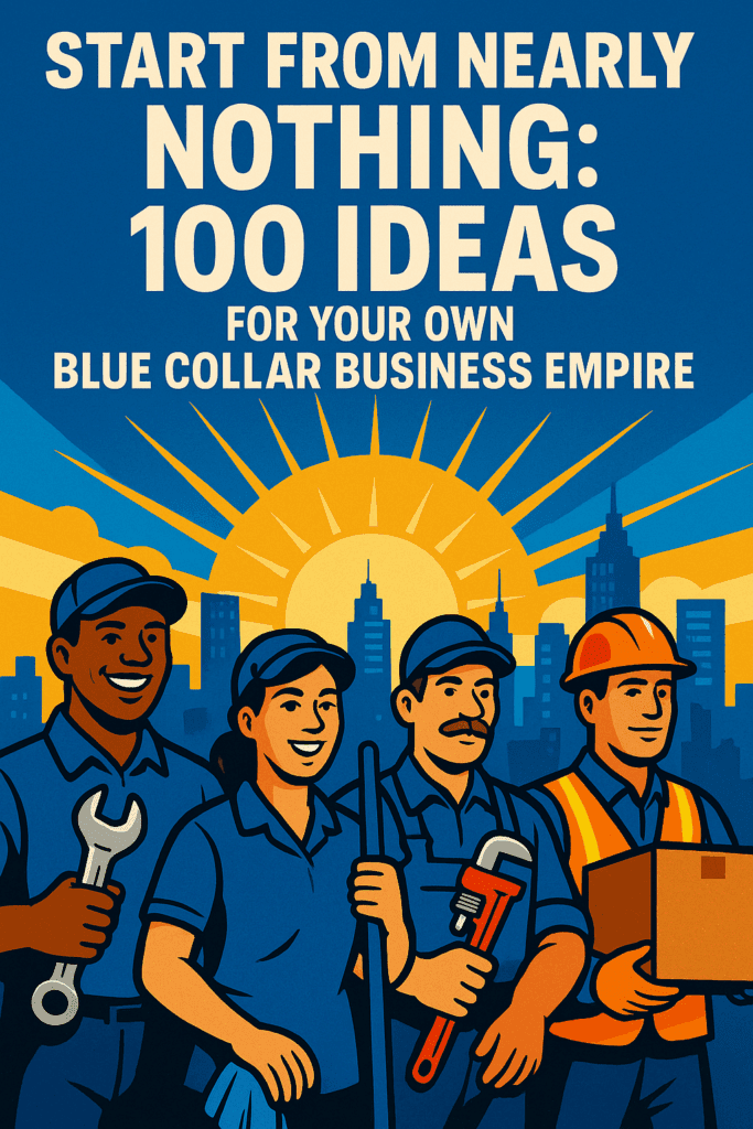 Energetic illustration featuring a diverse group of blue-collar workers launching their own small businesses, set against a dynamic background with bold Pepsi blue accents, symbolizing entrepreneurship, opportunity, and the start of a blue-collar business empire.