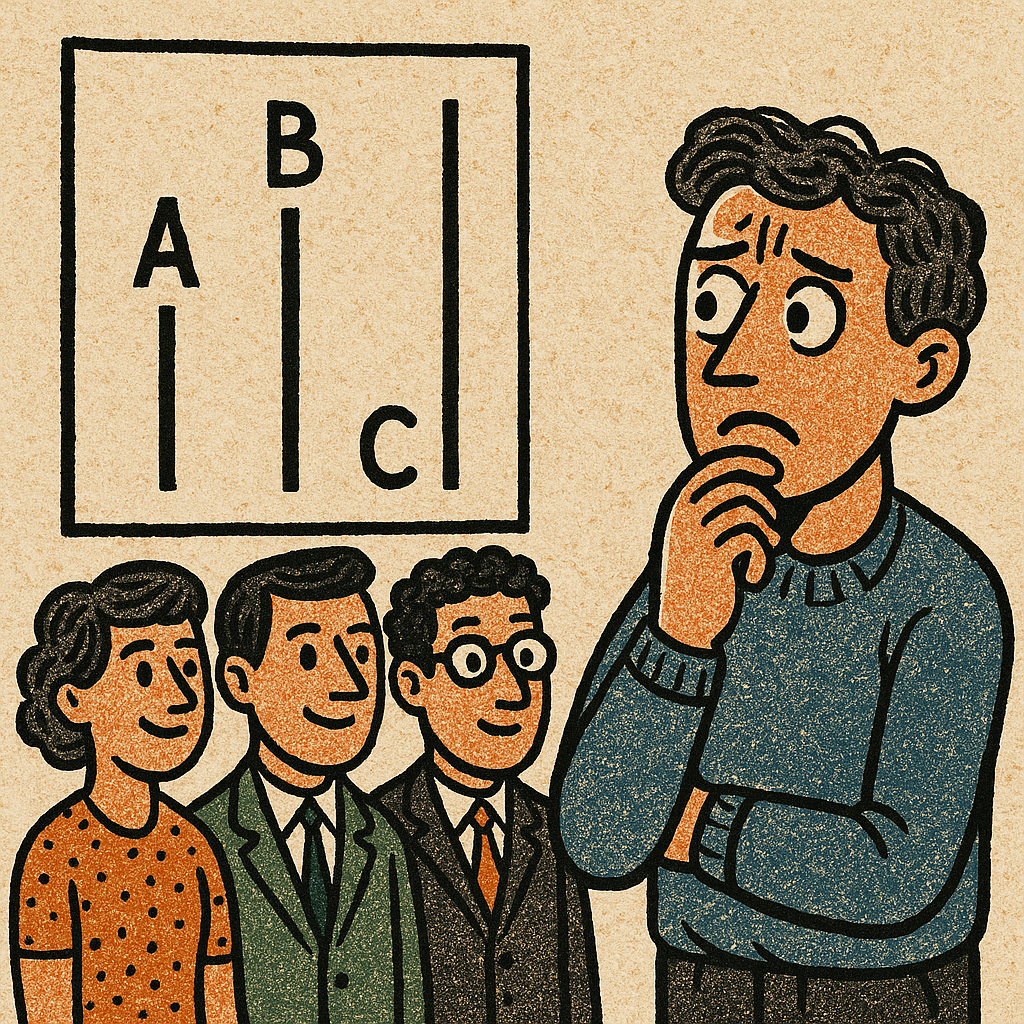 Some cartoon plant participants on a brown background who have chosen the wrong line, with the real participant struggling. This symbolises the methodology of The Asch Conformity Experiments.