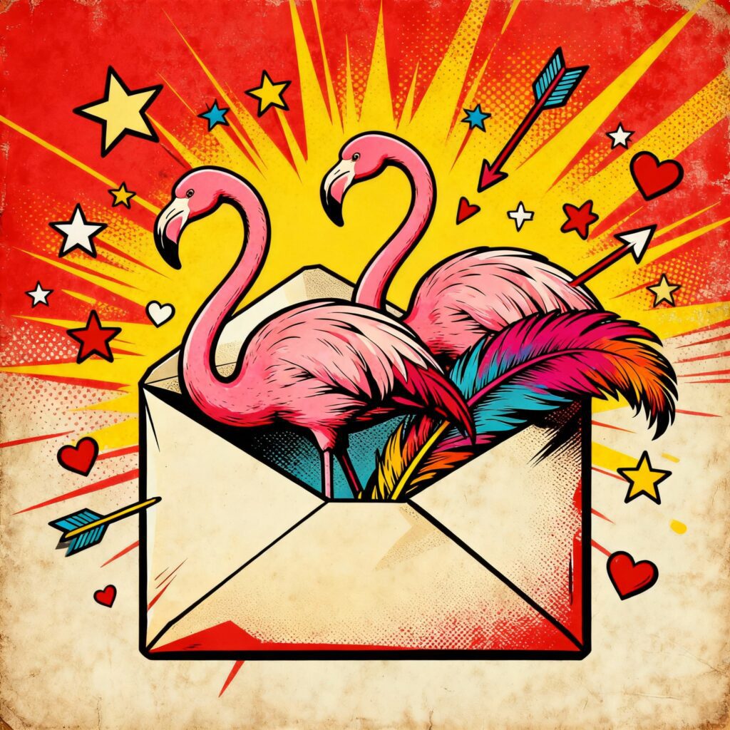 A wild orange illustration featuring an envelope and some flamingos, symbolising how flamingos can stand out according to Baader Meinhof Phenomenon when you see them once.