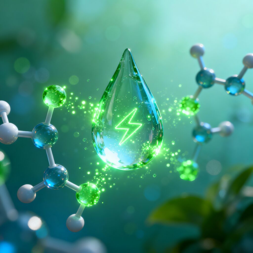 A drop of wastewater, with molecular framework intersecting to symbolise wastewater to power production.