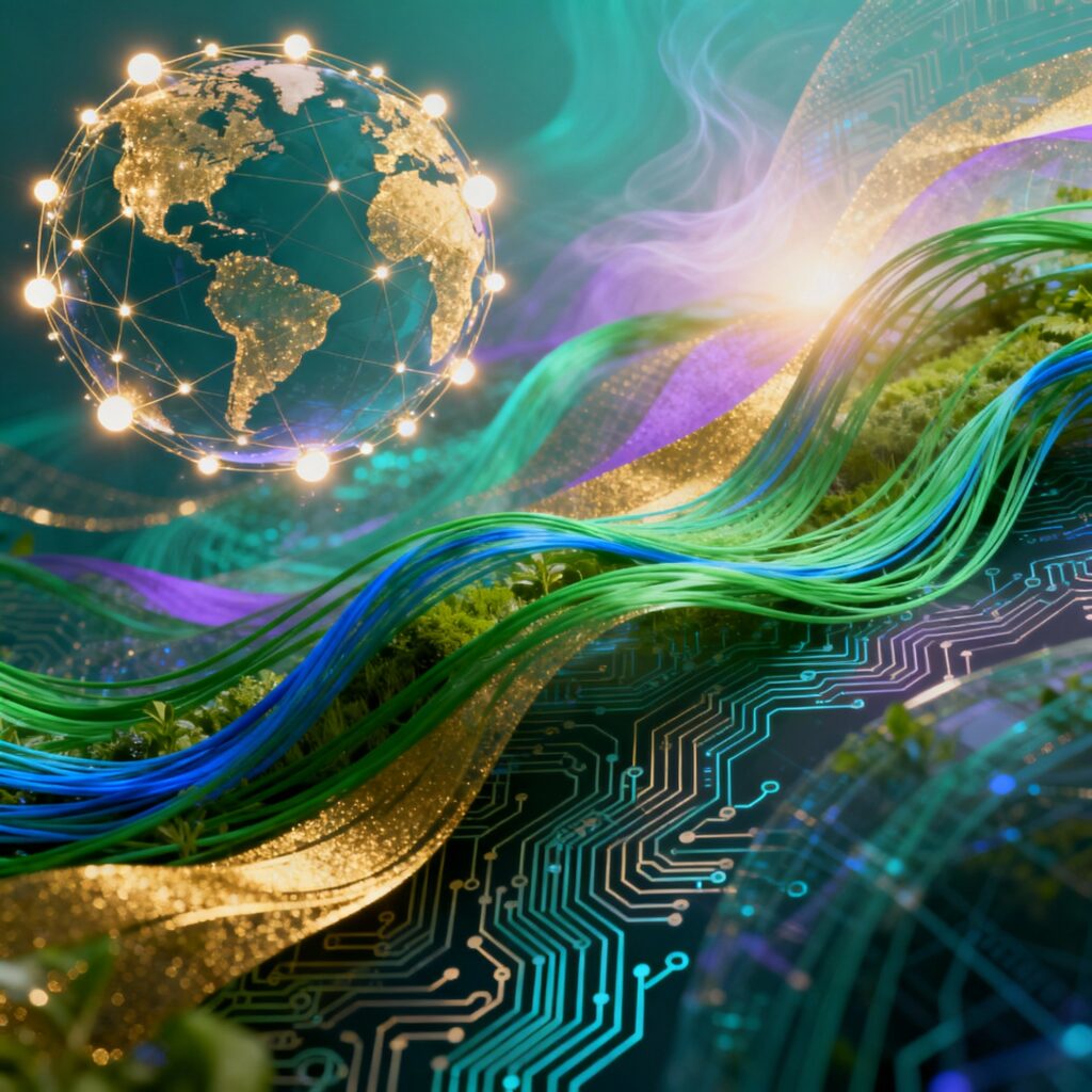 A glowing golden earth and waves of green, symbolising abundance.