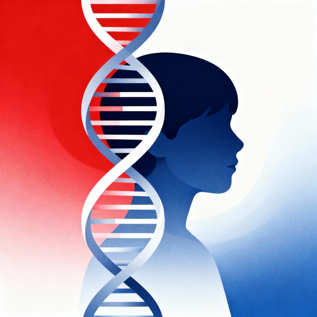 The colours of the American flag, with a silhouette and DNA overlaying the picture. This is to symbolise the technologies related to ageing reversal.