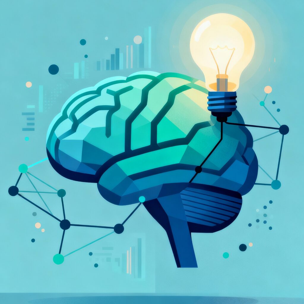 An abstract brain with a lightbulb and charting decorating it. This symbolises writing psychology papers.