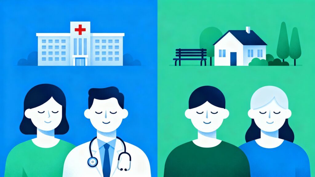 A simple illustration of the differences between home care and hospital care, symbolising the differences in Italy due to implementing the CRPD.