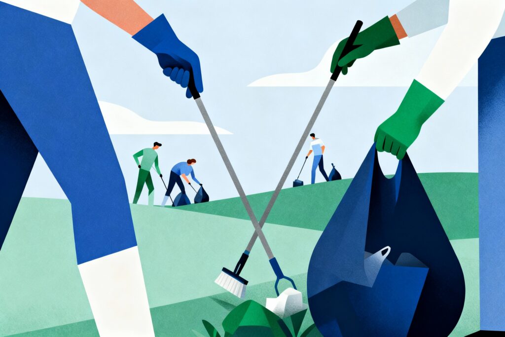 A team of litterpickers using a litter picking micro-grant to perform a litter pick.