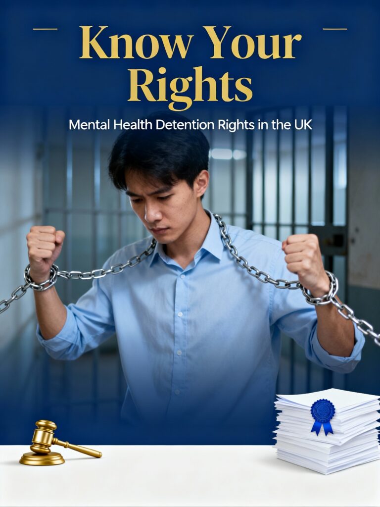 A man in chains with the large title "Know your Rights". This symbolises how Mental Health Act detainments can feel.