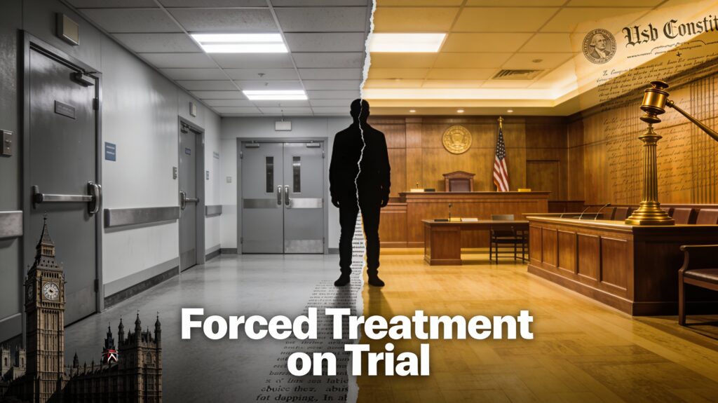 A coloured courtroom on the right, and a stark mental health ward on the left, with a silhouette in the middle and the text "Forced Treatment on Trial".