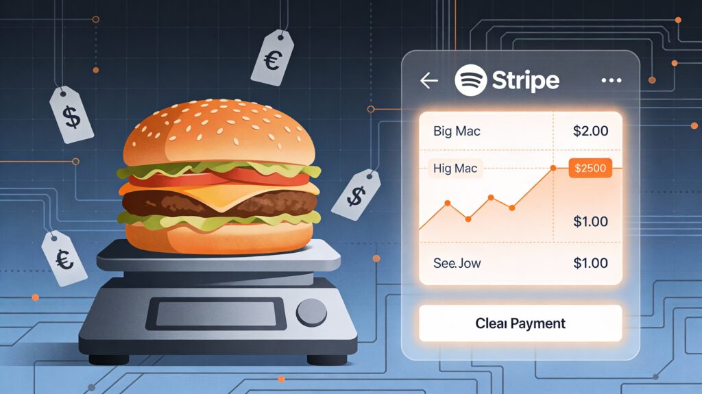 A burger with a price chart illustrating Stripe PPP (Price Point Parity).