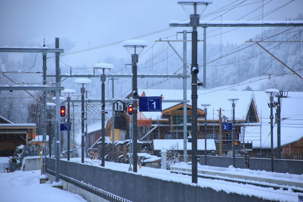 A snowy train station, an example of where you might be using your off-grid wardrobe.