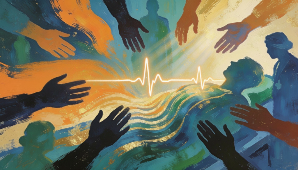 An echocardiograph heartbeat, with hands reaching in to a patient on a bed. An abstract painting like image symbolising First Aid qualifications.