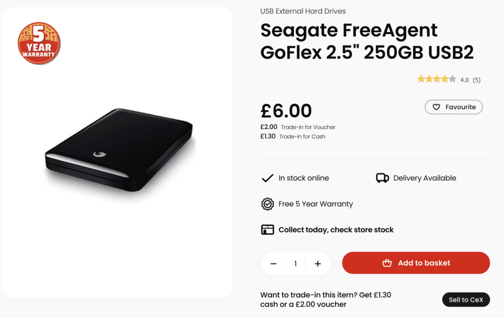 A 250GB USB2 Portable Hard drive for £6 at CEX.