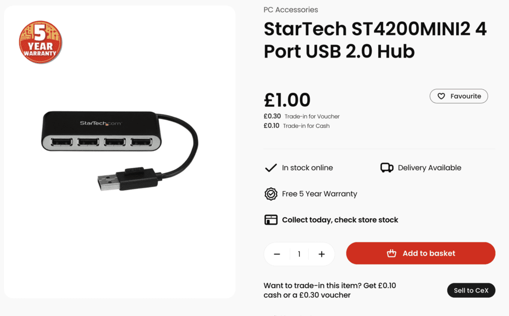 A cheap £1 USB 2.0 Hub at CEX.