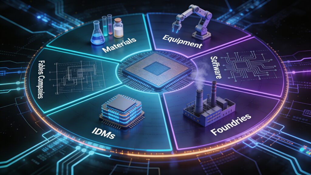 The 6 sections of the silicon chip supply chain. This is how we have organised our post about the largest semiconductor companies.