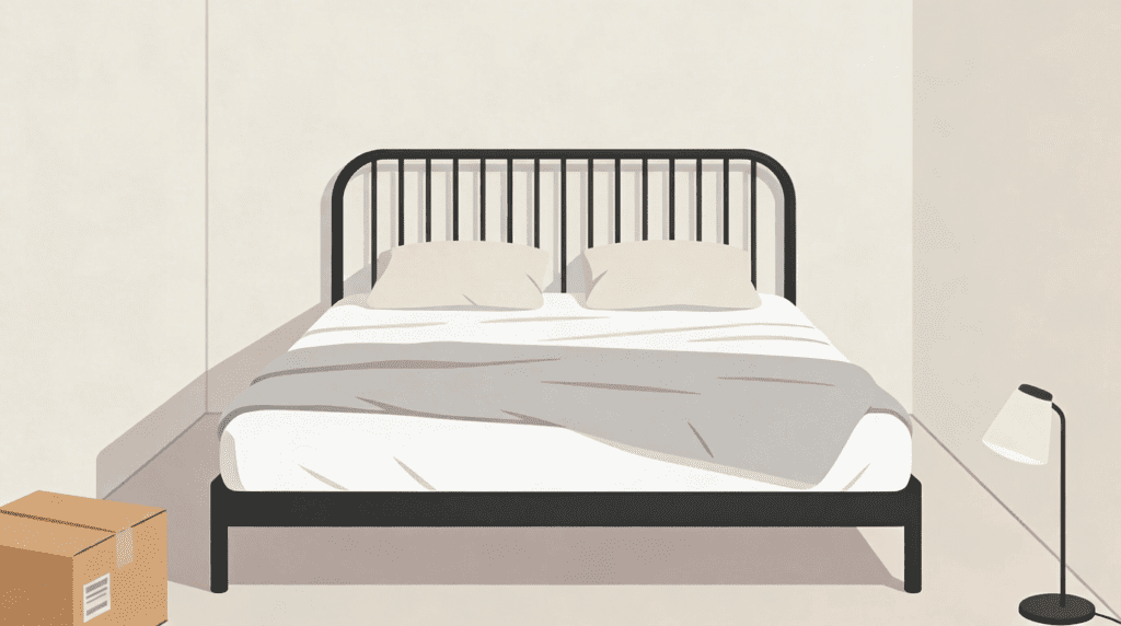 A very simple bed, with a delivery box. Designed to illustrate the process of buying the cheapest longest lasting bed.