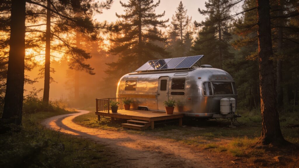 A golden gleaming metal caravan with wooden deck. This is to illustrate a situation where off-grid lifestyles are legal and promoted for our UK and USA Off‑Grid Legal Cheatsheet.