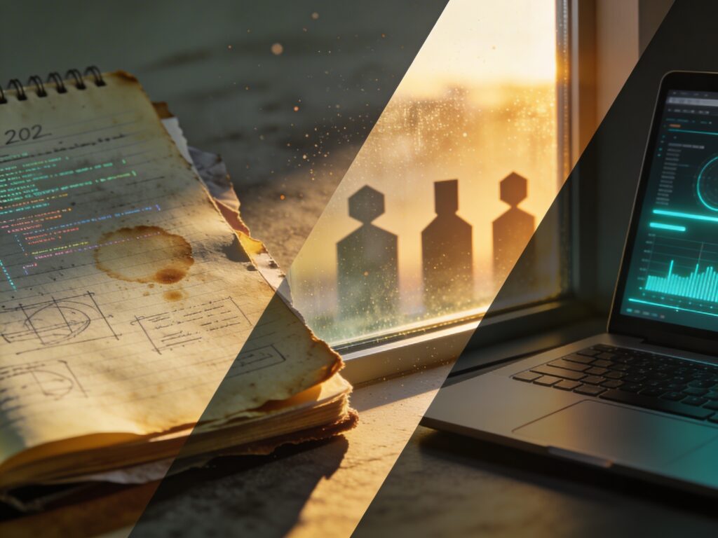 Notebook debt, pictured in an abstract way next to a clean laptop showing glowing charts and graphs.