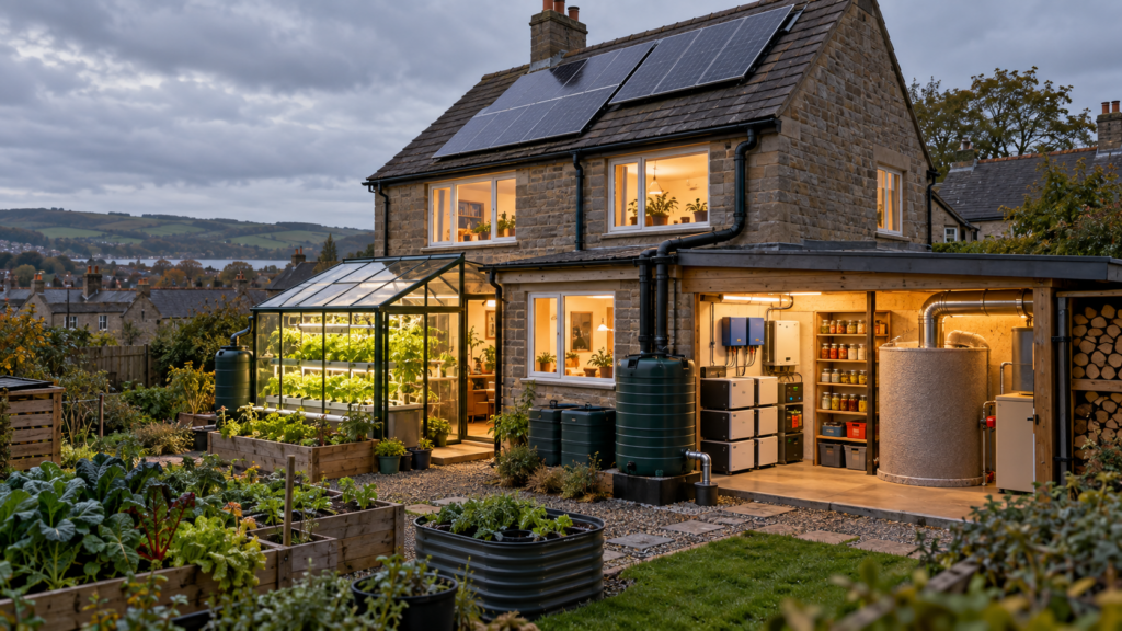 An Off-Grid house, lit up and demonstrating the minimum viable utilities.