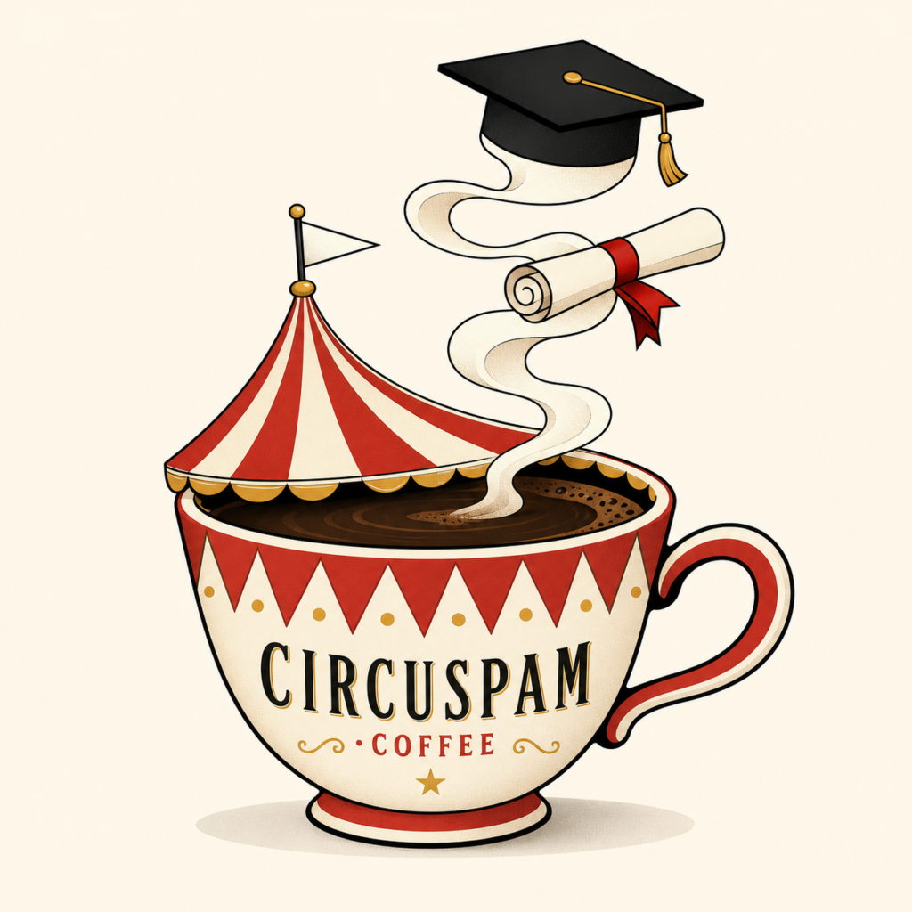 The Circuspam Coffee mug with big top, and a whispy degree hat and scroll coming out of the top to symbolise graduation from a minimum viable degree.