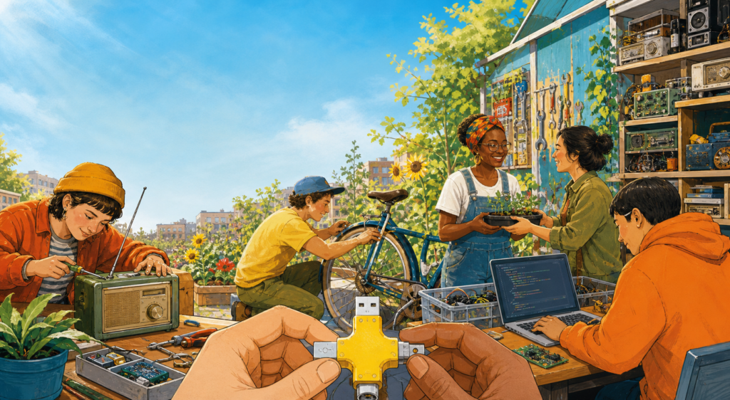 A bright thriving community grow space and repair lab, symbolising what we can hold on to more of if we continue to make sure one-in-a-million foundational freedoms are looked after.