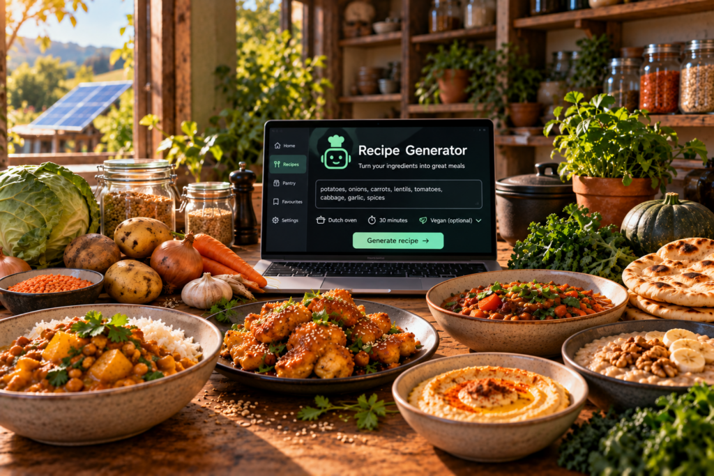 A laptop displaying a recipe engine, and an array of ingredients that you might grow for your minimum viable cuisine.